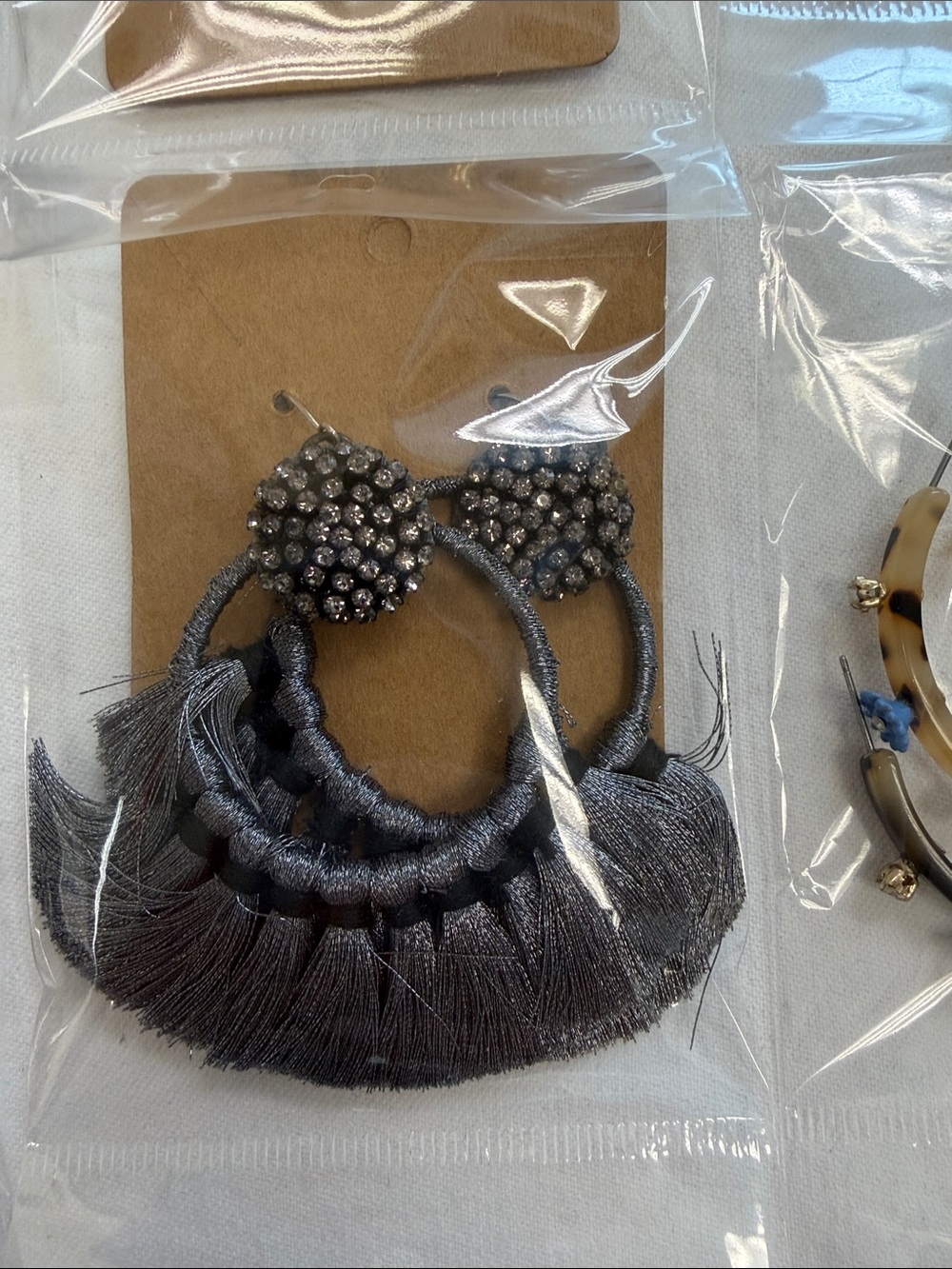 J. Crew Factory Charcoal Tassel Hoop Earrings with Rhinestone Disc
